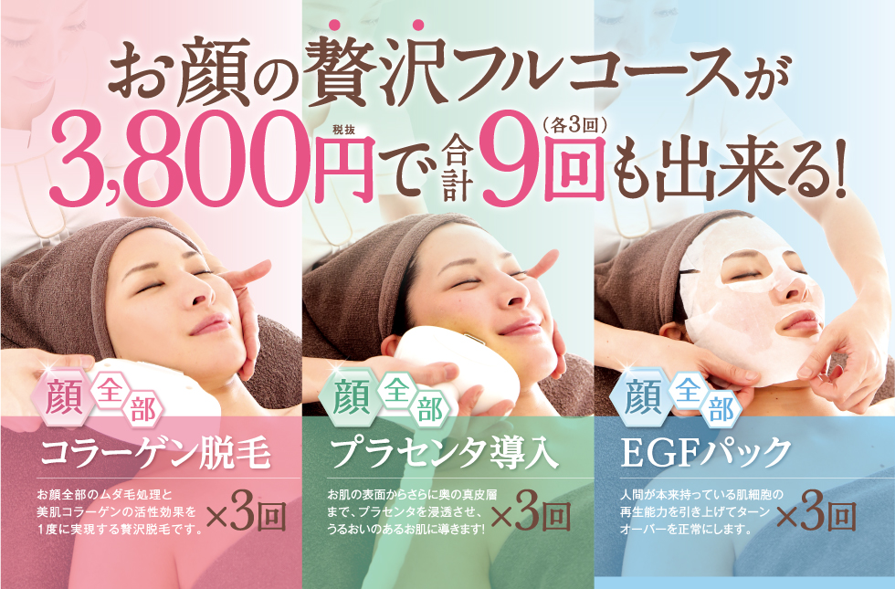 お顔の贅沢フルコースが3,800円で合計9( 各3回 )回も出来る!顔全部コラーゲン脱毛お顔全部のムダ毛処理と美肌コラーゲンの活性効果を1度に実現する贅沢脱毛です。×3回 顔全部プラセンタ導入お肌の表面からさらに奥の真皮層まで、プラセンタを浸透させ、うるおいのあるお肌に導きます!×3回 顔全部EGFパック人間が本来持っている肌細胞の再生能力を引き上げてターンオーバーを正常にします。×3回