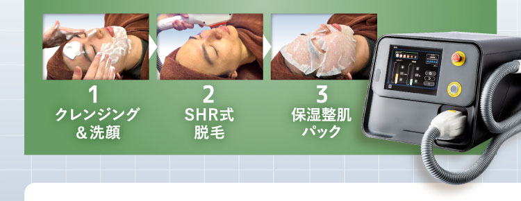 1クレンジング＆洗顔→2SHR式脱毛→3保湿整肌パック
