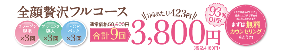 全顔贅沢フルコース コラーゲン脱毛×3回 プラセンタ導入×3回 EGFパック×3回 通常価格58,500円合計9回 1回あたり423円3,800円税抜 93%OFF エステは初めてという方、過去にエステで不安を感じたことがある方 まずは無料カウンセリングをどうぞ!